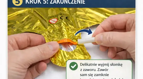 Ostatni krok, jak nadmuchać balon: wyjmij słomkę z zaworu. Sam się zamknie, by powietrze nie uciekło.