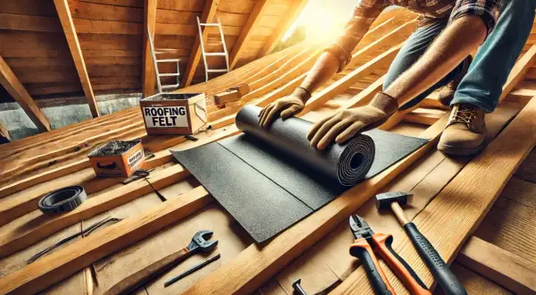 Rzemieślnik układa papę na dach z desek. Widać narzędzia i skrzynkę z napisem "ROOFING FELT".