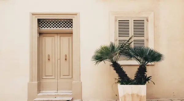 Fachada color crema con puerta doble beige y palmera en maceta.