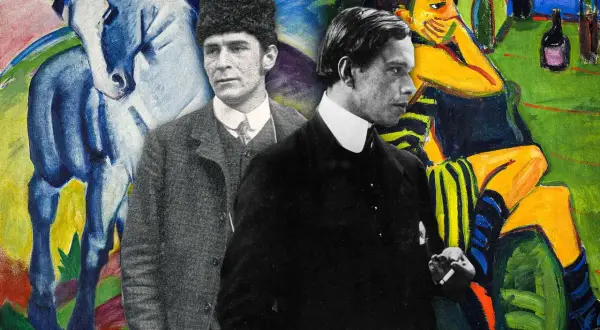 Two men stand before a vibrant German Expressionism art piece featuring a blue horse and a woman in yellow.