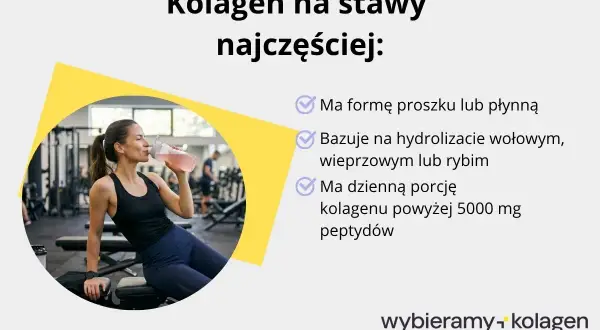 Kobieta pije kolagen w siłowni. Czy kolagen pomaga na stawy? Tak, często w formie proszku lub płynu, z hydrolizatem wołowym, wieprzowym lub rybim, w porcji 5000 mg peptydów.