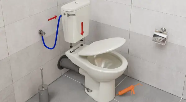 Montaż toalety z odpływem WC w podłodze. Widać wąż doprowadzający wodę, klucze i pistolet do silikonu.