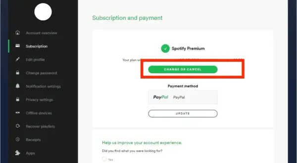 Ekran Spotify z opcją "Zmień lub anuluj" dla Spotify Premium. Kliknij, aby dowiedzieć się, jak wyłączyć Spotify Premium.