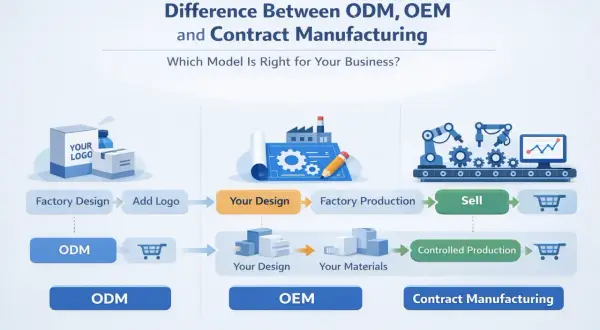 Porównanie modeli ODM, OEM i produkcji kontraktowej. Schemat pokazuje procesy: ODM (fabryka projektuje, dodajesz logo), OEM (twój projekt, twoje materiały, kontrolowana produkcja) i produkcja kontraktowa (twój projekt, produkcja fabryczna).