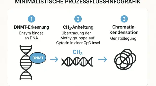 Schematyczne przedstawienie procesu metylacji DNA: enzym DNMT wiąże się z DNA, dodaje grupę CH3 do cytozyny, co prowadzi do kondensacji chromatyny i wyciszenia genu.