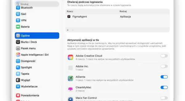 Ustawienia w monitorze aktywności mac: aplikacje otwierane przy logowaniu i działające w tle.
