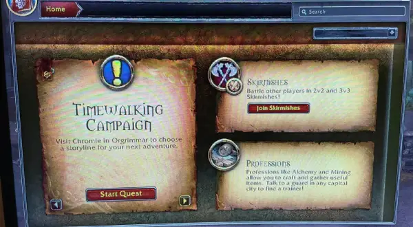Menu gry z opcjami: Timewalking Campaign, Skirmishes i Professions. Rozdzielczość 2k zapewnia wyraźny obraz.