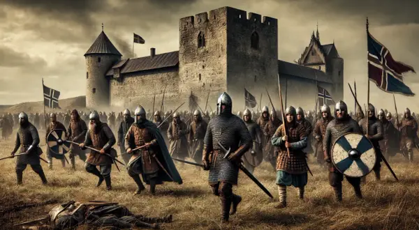 Arméer samlas framför en borg, redo för strid. En scen som påminner om **slaget vid Visby**.