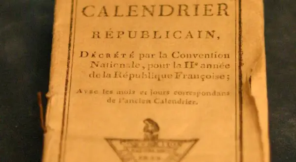 Page de titre d'un ancien "Calendrier Républicain" décrété par la Convention Nationale.