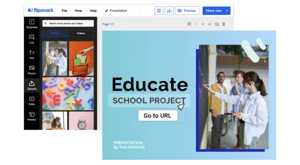 Plantillas de flipbook para proyectos escolares. Una presentación "Educate" con estudiantes en una pizarra.