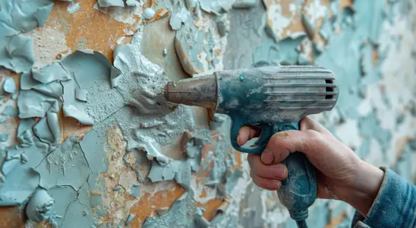 Strumento per rimuovere la pittura scrostata da un muro. La mano impugna l'utensile, pronto a iniziare il lavoro.