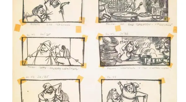 Storyboard z rysunkami postaci, sceny z życia czarownic i przygotowań do uczty.