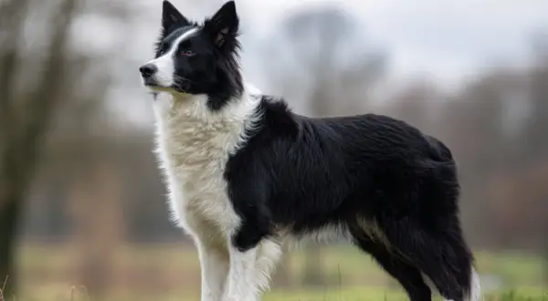 En border collie står stolt i gräset, dess intelligenta blick speglar dess alerta och vänliga border collie temperament.