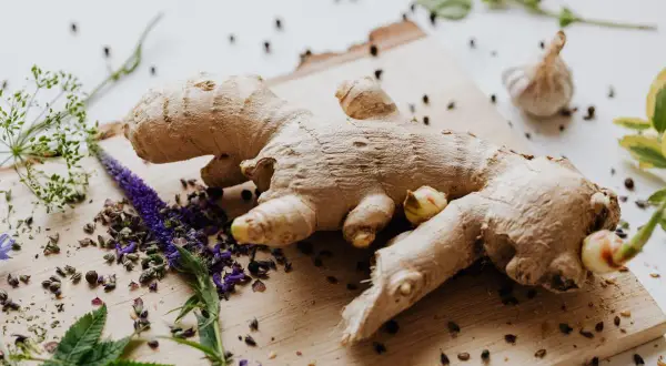 Raíz de jengibre fresca, con flores moradas y granos de pimienta. Imagina a que sabe el jengibre: picante y aromático.