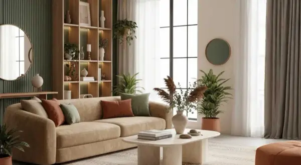 Sofá beige con cojines color terracota y verde, mesa de centro orgánica, estantería de madera y plantas. Un ejemplo de tendencias interiorismo.
