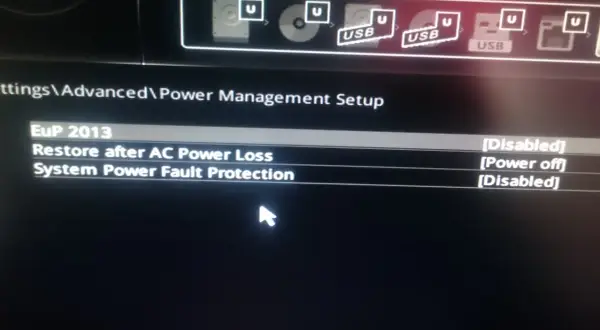 Ekran BIOS z opcjami zarządzania energią: EuP 2013, Restore after AC Power Loss, System Power Fault Protection.