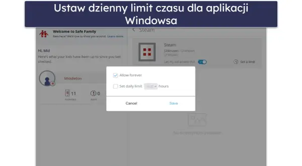 Ustawienia kontroli rodzicielskiej Windowsa: okno dialogowe pozwala ustawić dzienny limit czasu dla aplikacji Steam lub zezwolić na dostęp na stałe.