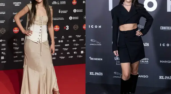 Amaia Romero luce dos looks: uno beige con corsé y falda satinada, y otro negro con blazer cropped y minifalda.