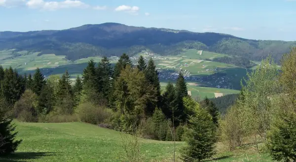 Zielone wzgórza i lasy Gorczańskiego Parku Narodowego, z widoczną w oddali wioską.