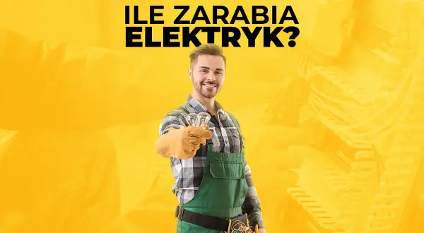 Uśmiechnięty elektryk w zielonym ogrodniczkach trzyma żarówki. Dowiedz się, ile zarabia elektryk i jakie są jego zarobki.