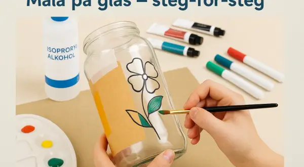 En hand målar en blomma på ett glas med en pensel. Material som isopropanol, färger och pennor ligger bredvid.