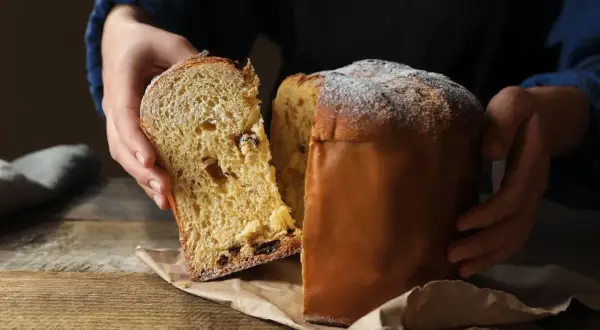 Puszysta babka drożdżowa włoska, z rodzynkami i kandyzowanymi owocami, posypana cukrem pudrem, prezentowana na drewnianym stole.