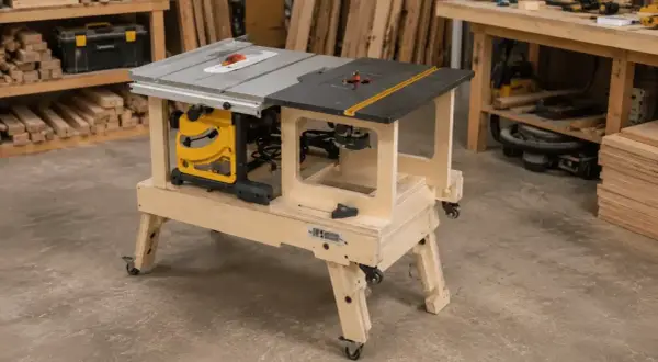 DIY router table plans come to life with this mobile woodworking station featuring a table saw and router.