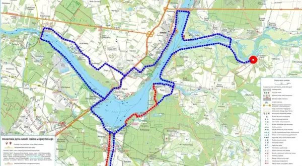 Odkryj najładniejsze trasy rowerowe na Mazowszu! Mapa przedstawia pętlę wokół Jeziora Zegrzyńskiego, idealną na aktywny wypoczynek.