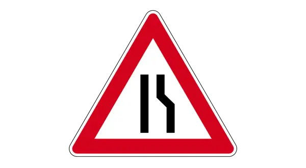 Gefahrenzeichen Verkehr: Achtung, Fahrbahnverengung rechts! Dieses Schild warnt vor einer bevorstehenden Verengung der Straße.