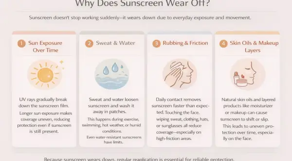 Explication des raisons pour lesquelles la durée de la crème solaire est limitée : exposition au soleil, transpiration, frottements et sébum/maquillage.