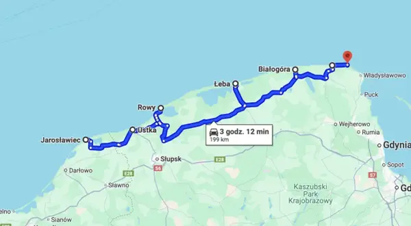Trasa z Połczyna-Zdroju nad morze: przez Jarosławiec, Ustkę, Łebę do Władysławowa. 199 km, 3h 12 min.