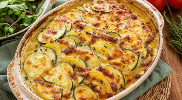 Un gratin de légumes doré et appétissant, avec des rondelles de courgettes et de pommes de terre gratinées au fromage.