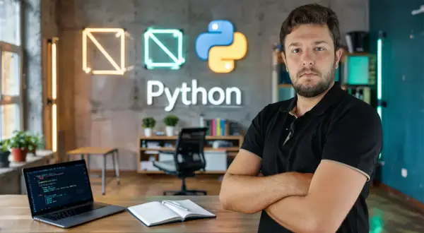 Mężczyzna w czarnej koszulce stoi przed logo Pythona. Na biurku laptop z kodem, notatnik. W tle neonowe kształty, symbolizujące polimorfizm w programowaniu.