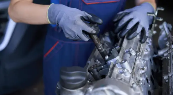 Mecánico con guantes ajusta una pieza del motor, posiblemente relacionada con el cigüeñal de motor.