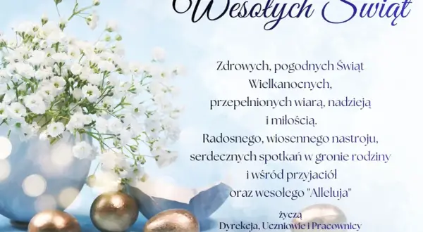 Wiersz dla kolegi: bukiet gipsówki, złote jajka i życzenia świąteczne.