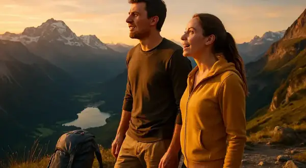 Couple admirant un paysage alpin au coucher du soleil, sac à dos prêt pour une randonnée de 3 jours.