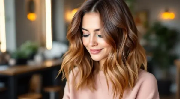 Une femme souriante avec une chevelure brune foncé aux reflets miel, un ombré hair subtil qui illumine son visage.