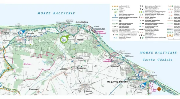 Mapa turystyczna z zaznaczoną trasą rowerową Jastrzębia Góra Dębki, prowadzącą przez Karwię, Ostrowo i Władysławowo, wzdłuż Morza Bałtyckiego.