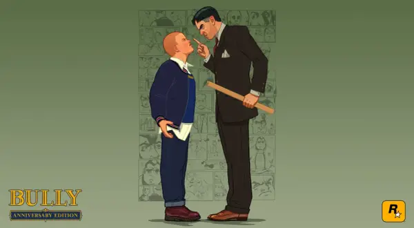 Nauczyciel grozi linijką uczniowi na tle komiksowych paneli z postaciami.