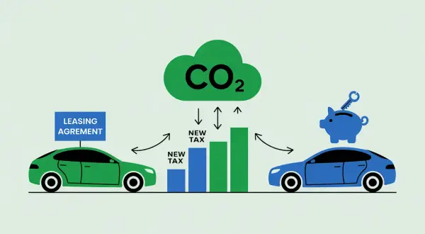 Zielony samochód z umową leasingową i niebieski z skarbonką. Wykres pokazuje nowe podatki związane z emisją CO2, wpływając na koszty uzyskania przychodu.
