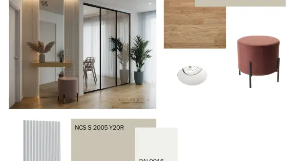 Ingresso moderno con specchio illuminato, pouf color tortora chiaro e finiture in beige sabbia RAL9016.