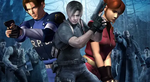 Leon i Claire walczą z hordą zombie w mrocznym lesie. To scena z Resident Evil Requiem PS4.