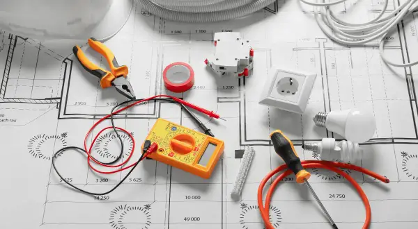 Outils d'électricien et composants sur un plan, pour un devis électricité exemple. Pince, multimètre, prise, ampoules, disjoncteur, ruban adhésif.