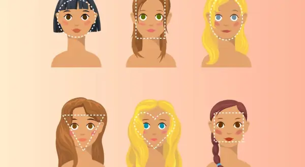 Illustration av sex ansiktsformer med olika frisyrer, inklusive korta frisyrer, som visar hur olika hårstilar kan framhäva ansiktsdrag.