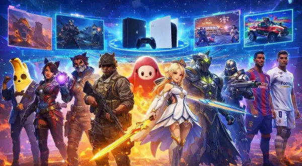 Postacie z gier, w tym żołnierz, wojowniczka i banan, stoją obok konsol PS4 i PS5, sugerując darmowe gry na PS4.