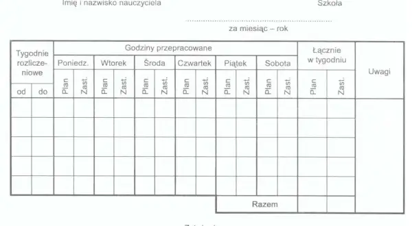 Formularz do rozliczania godzin pracy nauczyciela, uwzględniający plan lekcji i zastępstwa. Służy do obliczania godzin ponadwymiarowych.