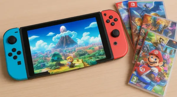 Nintendo Switch z Linkiem na ekranie i kilkoma okładkami gier, w tym Mario. To idealne miejsce na odkrywanie najlepszych gier na Nintendo Switch.