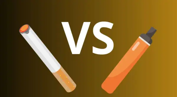En glödande cigarett ställs mot en orange e-cigarett. Vilket alternativ väljer du: snus eller cigg?