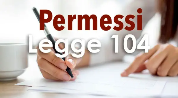 Mano che scrive su fogli, con testo sovrapposto "Permessi Legge 104". Si discute se il datore di lavoro può negare i permessi legge 104.