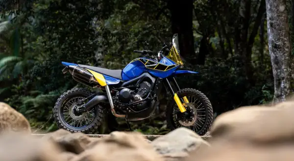 Niebiesko-żółty motocykl typu adventure stoi na tle lasu, z kamieniami na pierwszym planie.